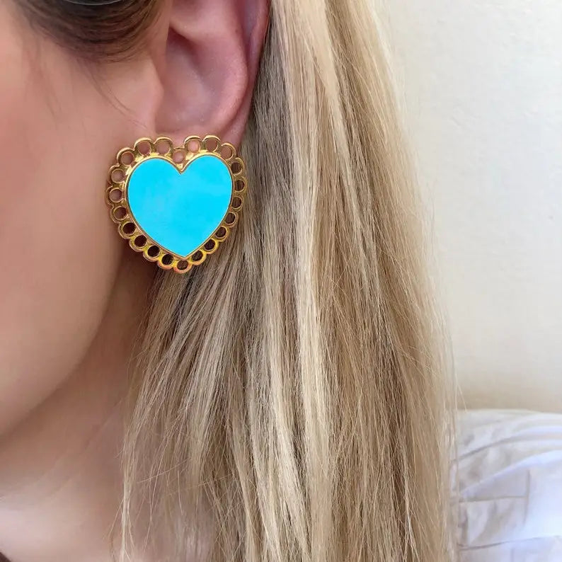 Turquoise Heart Earrings, Clip On